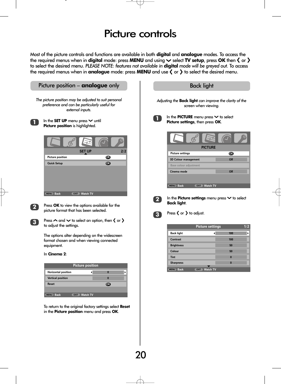 Picture controls, Picture position – analogue only, Back light | Toshiba WLT66 User Manual | Page 20 / 40