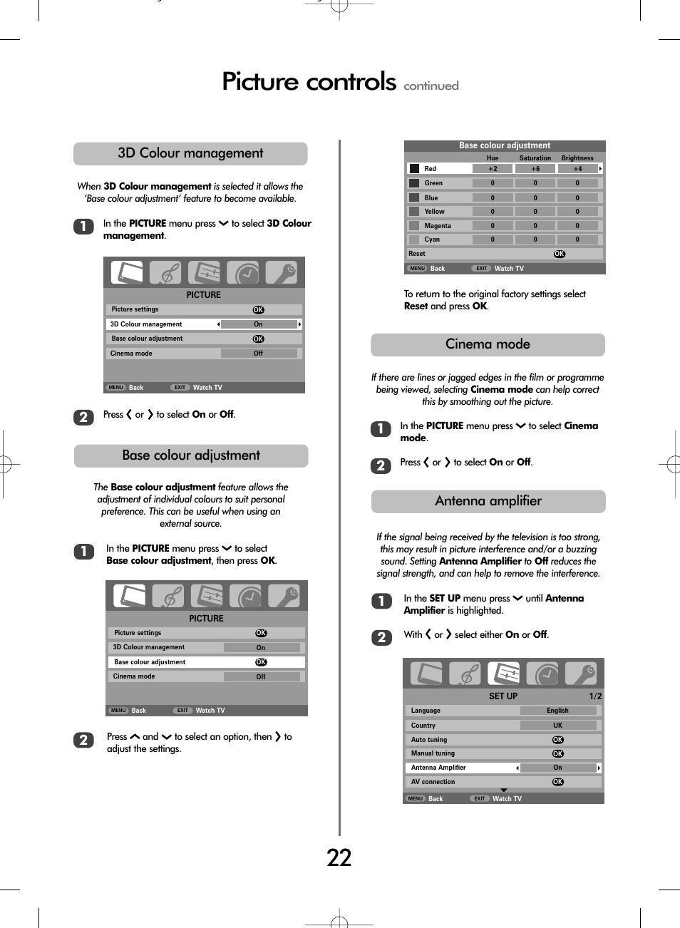 Picture controls, Base colour adjustment, 3d colour management | Cinema mode, Antenna amplifier 1 2, Continued | Toshiba WLT66 User Manual | Page 22 / 40