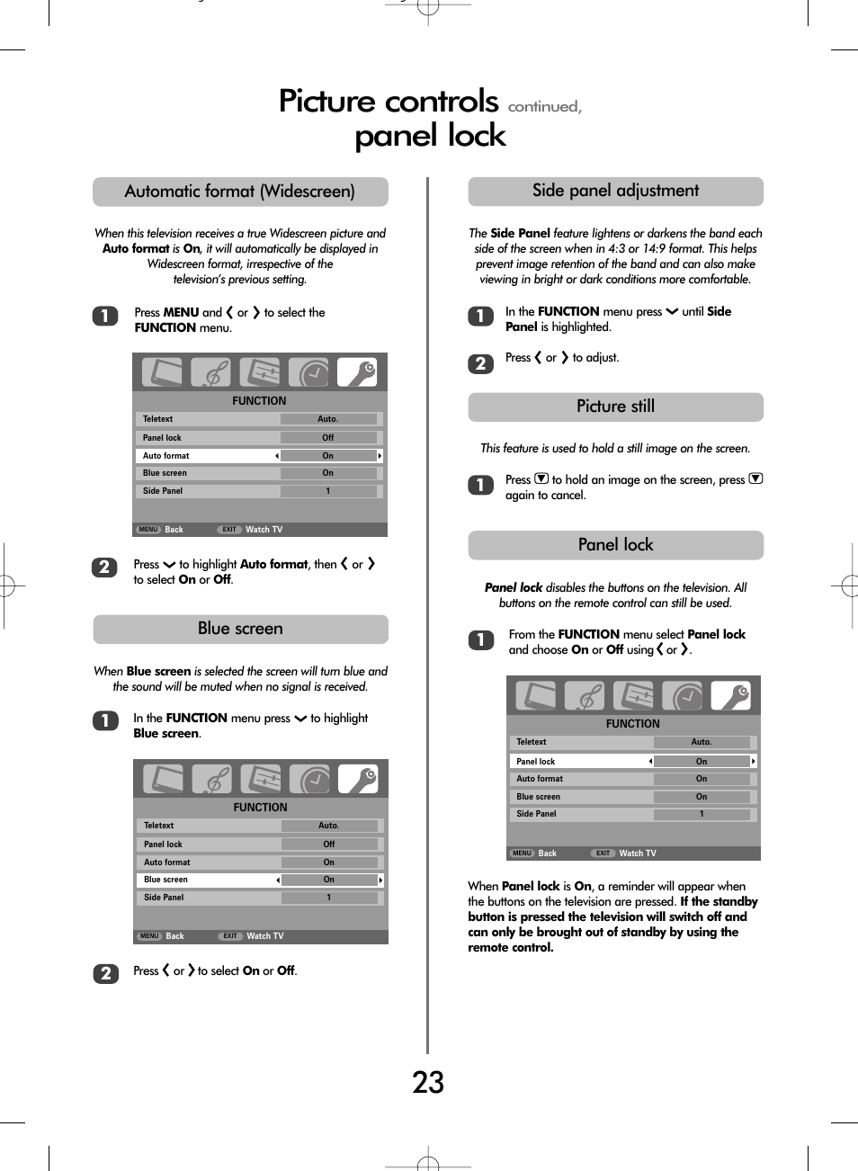 Picture controls, Panel lock, Panel lock 1 | Automatic format (widescreen), Blue screen, 12 side panel adjustment, 1picture still, Continued | Toshiba WLT66 User Manual | Page 23 / 40