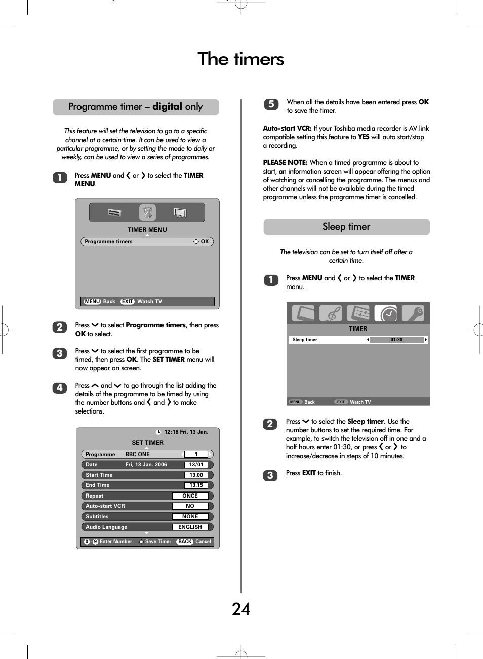 The timers, Programme timer – digital only 2 3, Sleep timer 1 | Toshiba WLT66 User Manual | Page 24 / 40