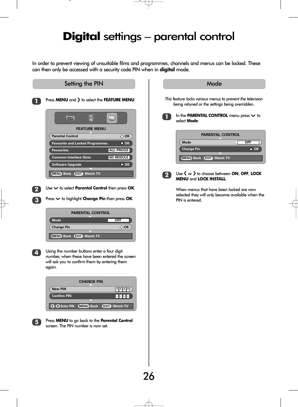 Digital settings – parental control, Setting the pin 1, Mode 1 | Toshiba WLT66 User Manual | Page 26 / 40