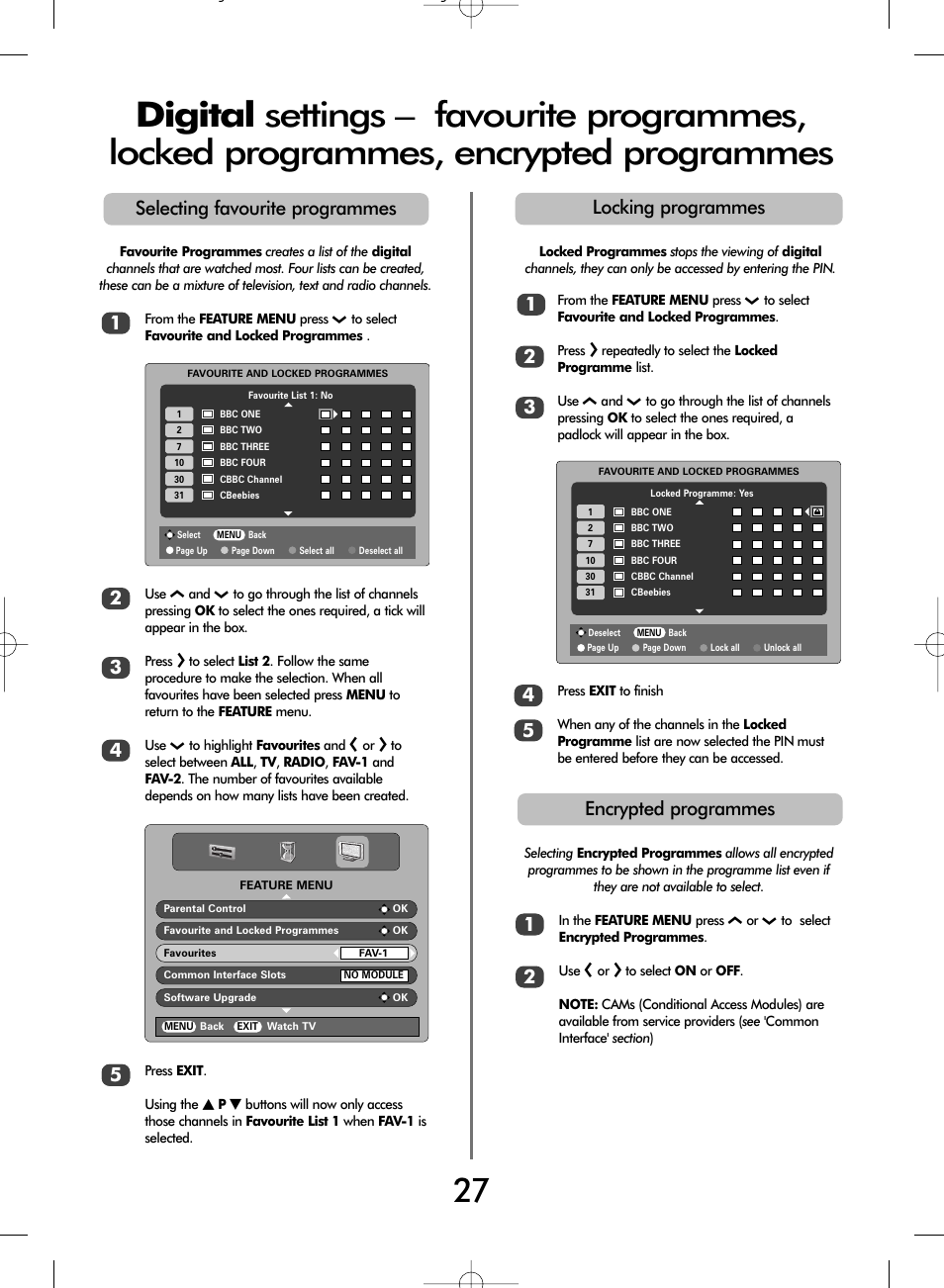 Locking programmes 1, Encrypted programmes 1, Selecting favourite programmes 1 | Toshiba WLT66 User Manual | Page 27 / 40