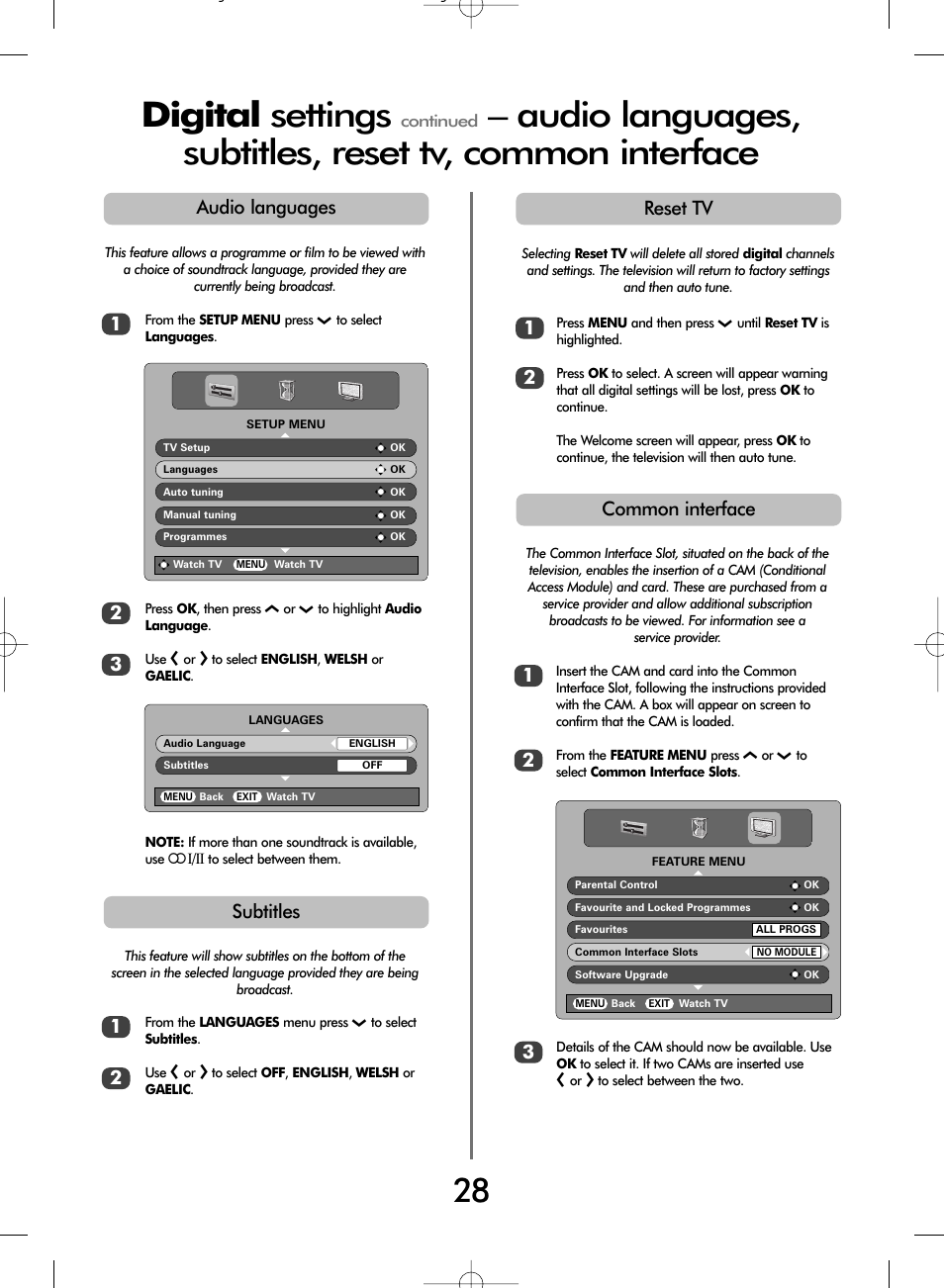 Digital settings, Audio languages 1, Subtitles 1 2 | Common interface 1 2, Reset tv | Toshiba WLT66 User Manual | Page 28 / 40