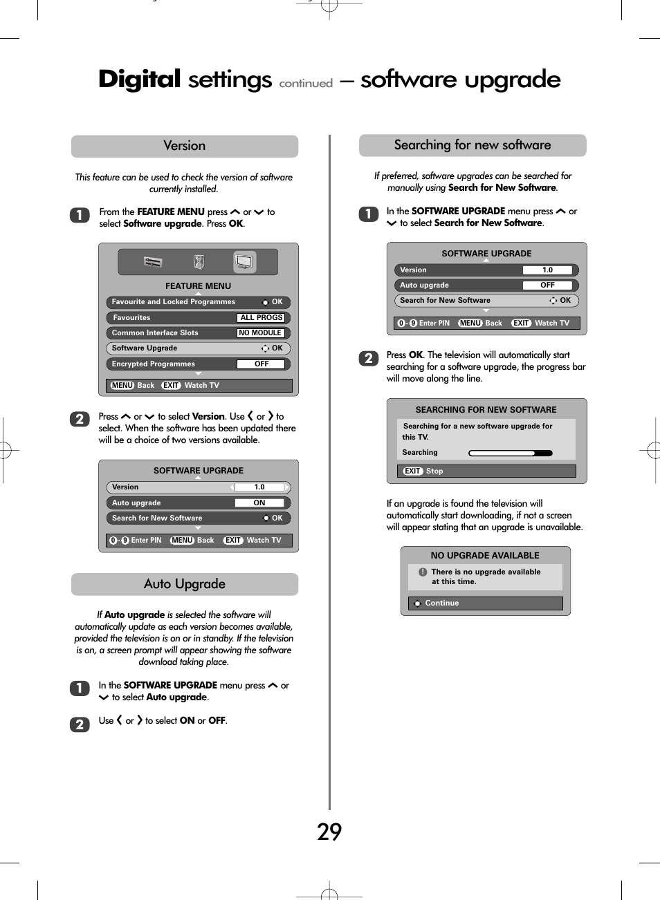 Digital settings, Software upgrade, Version | Auto upgrade 1, Searching for new software 1, Continued | Toshiba WLT66 User Manual | Page 29 / 40