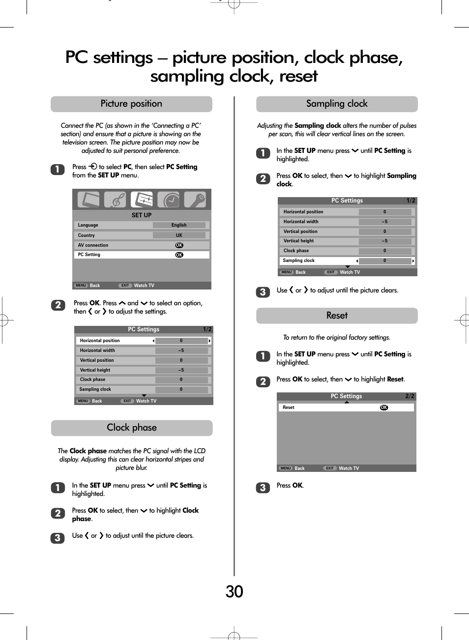 Clock phase, Sampling clock picture position, Reset | Toshiba WLT66 User Manual | Page 30 / 40