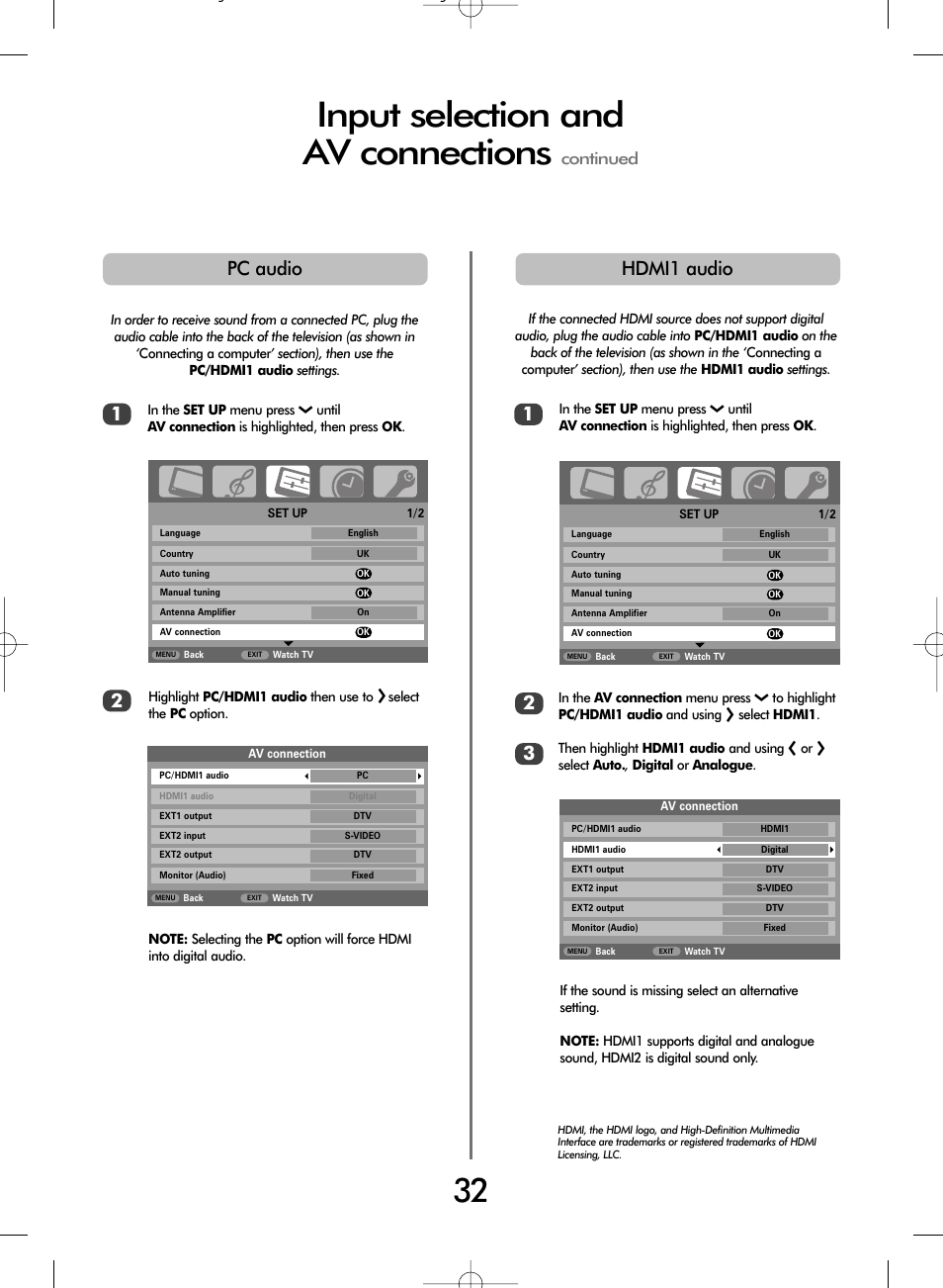 Input selection and av connections, Hdmi1 audio, Pc audio | Continued | Toshiba WLT66 User Manual | Page 32 / 40