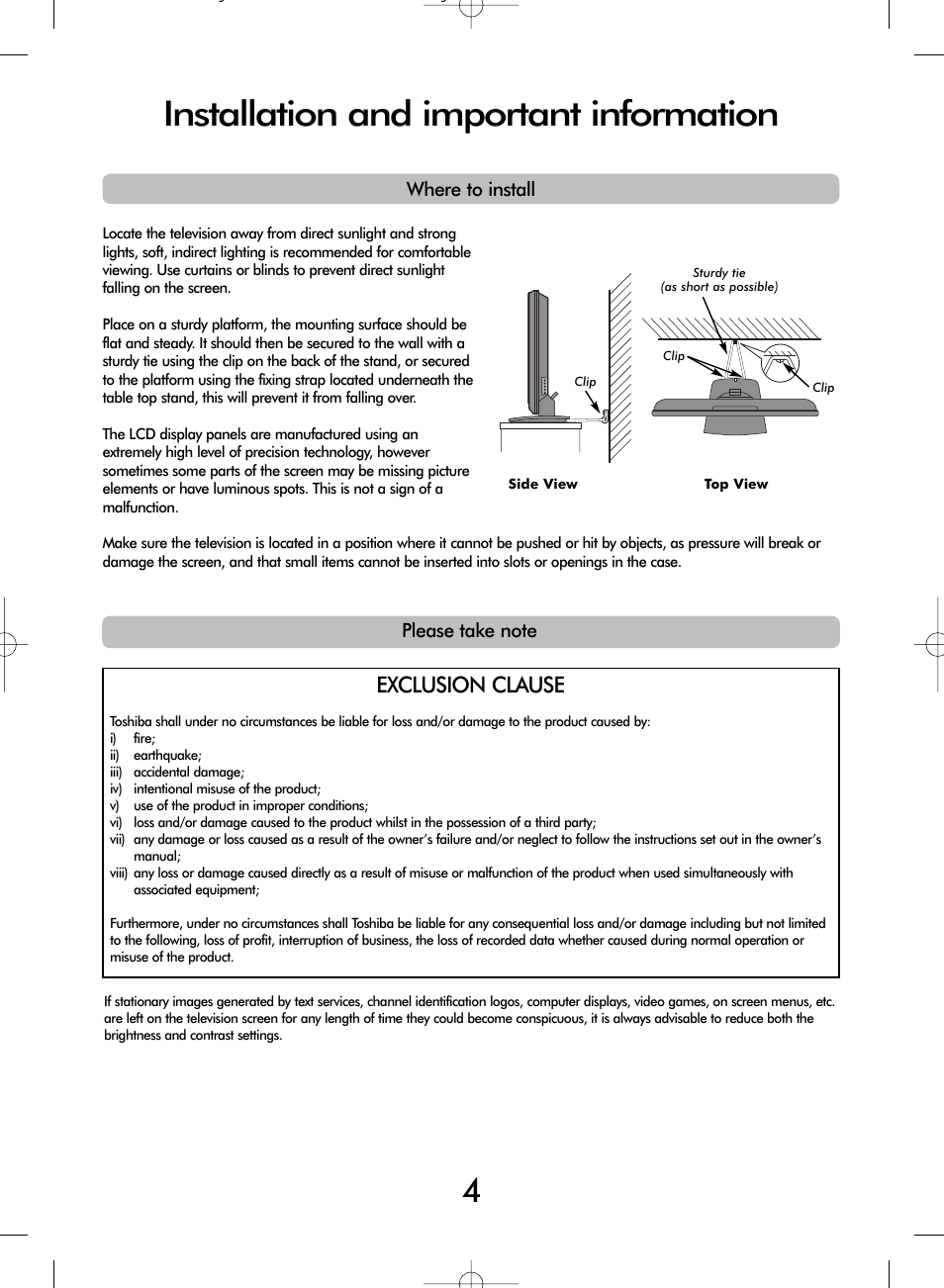 Installation and important information, Exclusion clause | Toshiba WLT66 User Manual | Page 4 / 40