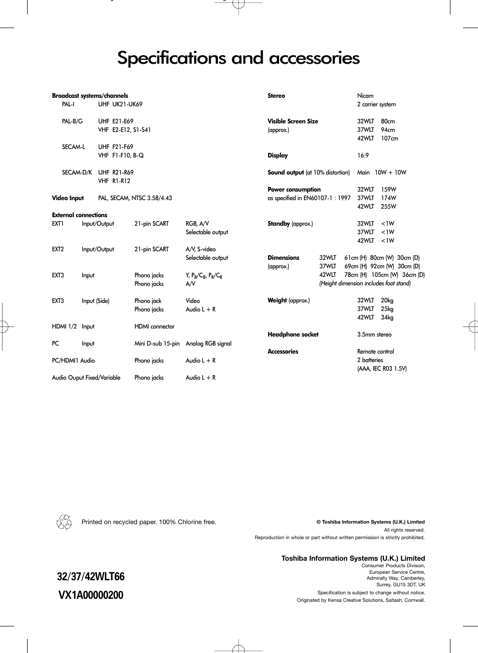 Specifications and accessories | Toshiba WLT66 User Manual | Page 40 / 40