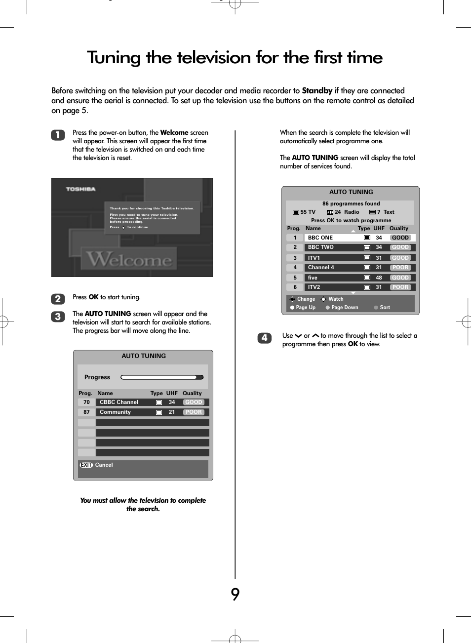 Tuning the television for the first time | Toshiba WLT66 User Manual | Page 9 / 40