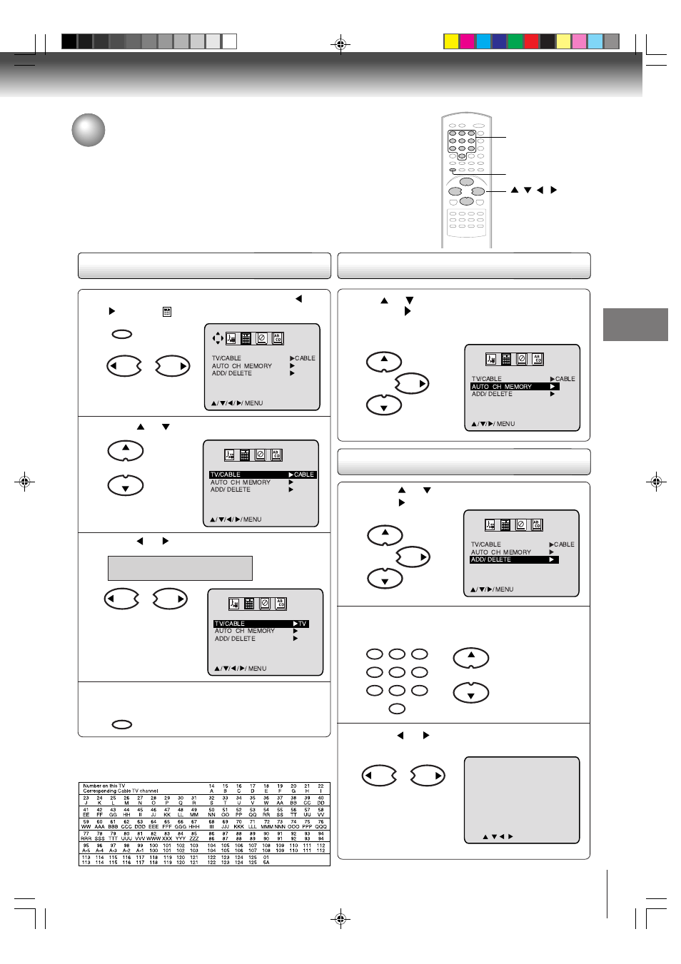 Tv/cable selection | Toshiba MD20P3 User Manual | Page 23 / 48