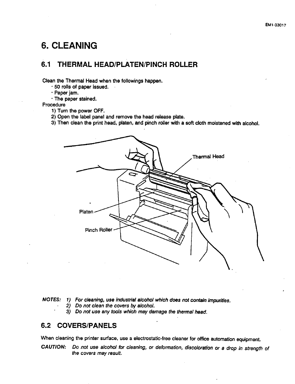 1 thermal head/platen/pinch roller, 2 covers/panels, Covers/panels | Cleaning | Toshiba TEC B-411 SERIES User Manual | Page 14 / 20