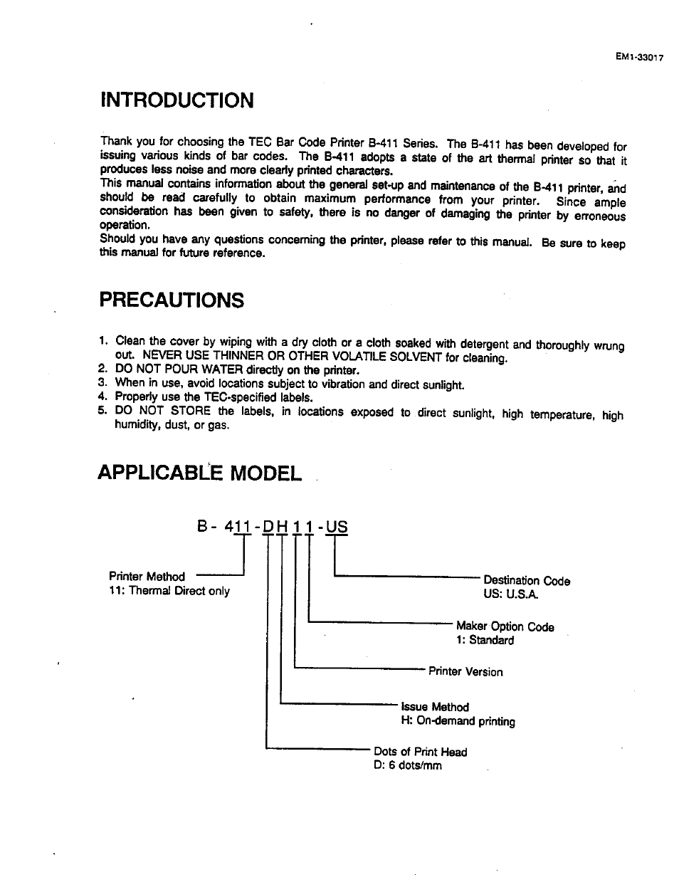 Introduction, Precautions, Applicable model | Toshiba TEC B-411 SERIES User Manual | Page 5 / 20