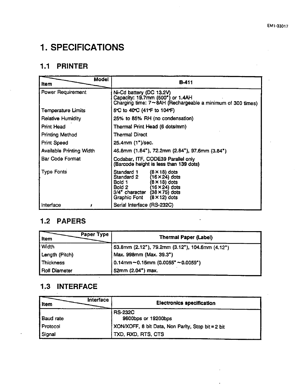 1 printer, 2 papers, 3 interface | Specifications | Toshiba TEC B-411 SERIES User Manual | Page 6 / 20