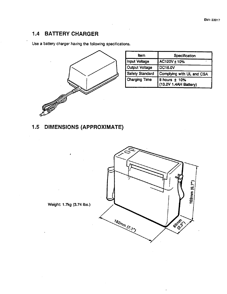 4 battery charger, 5 dimensions (approximate) | Toshiba TEC B-411 SERIES User Manual | Page 7 / 20