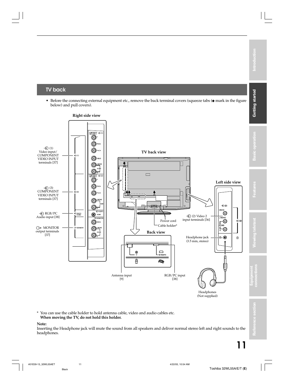 Tv back | Toshiba 32WL55T User Manual | Page 11 / 44