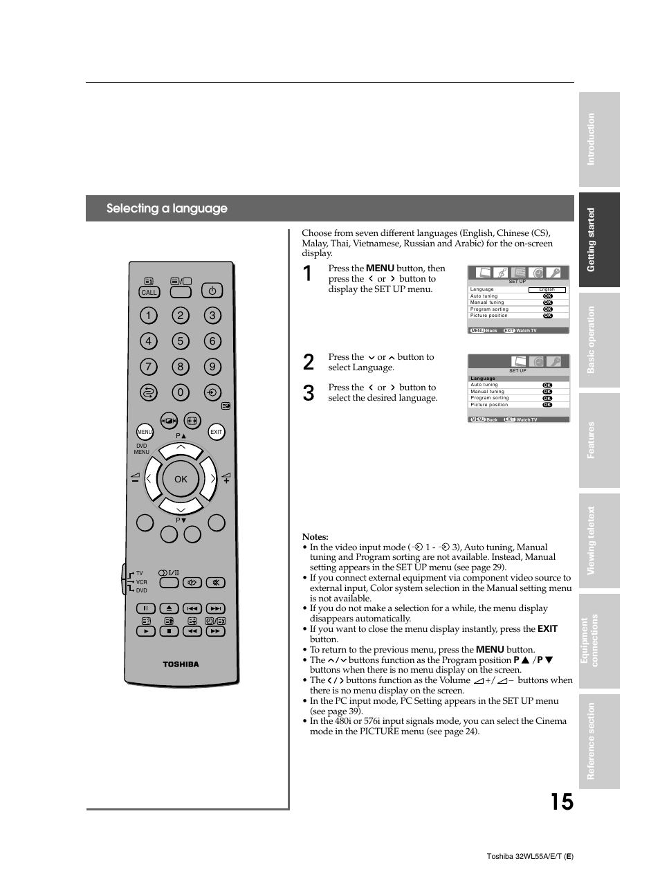 Selecting a language | Toshiba 32WL55T User Manual | Page 15 / 44