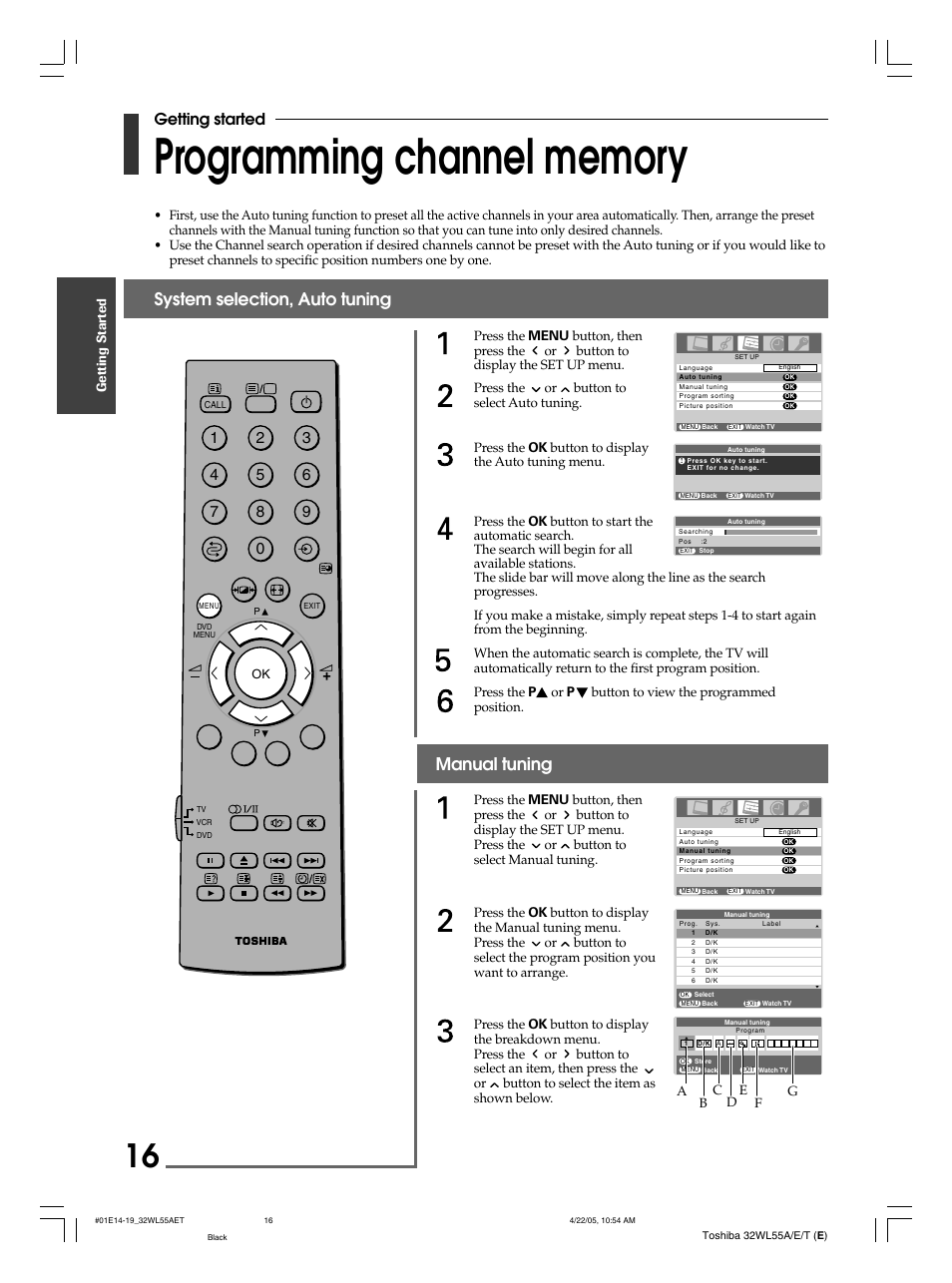 System selection, auto tuning, Manual tuning, Getting started | Toshiba 32WL55T User Manual | Page 16 / 44