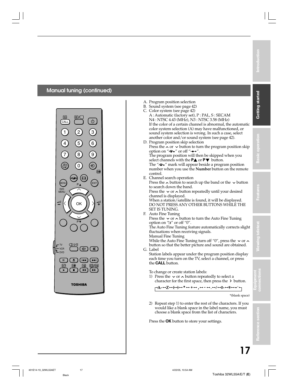 Manual tuning (continued) | Toshiba 32WL55T User Manual | Page 17 / 44