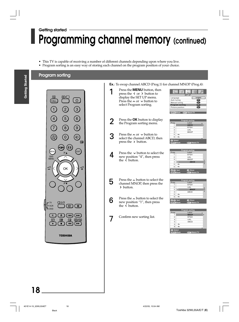 Continued), Program sorting, Getting started | Toshiba 32WL55T User Manual | Page 18 / 44