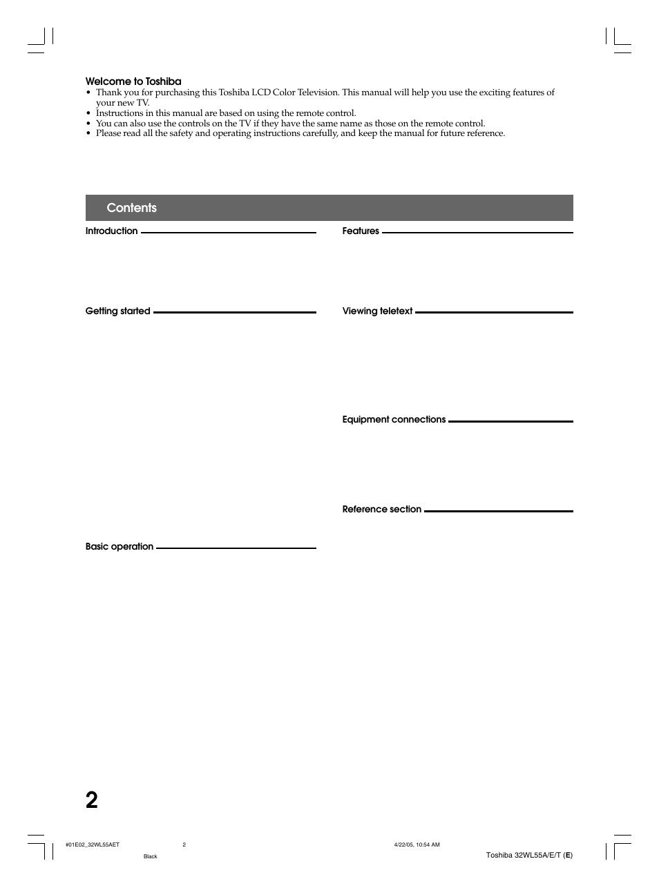 Toshiba 32WL55T User Manual | Page 2 / 44