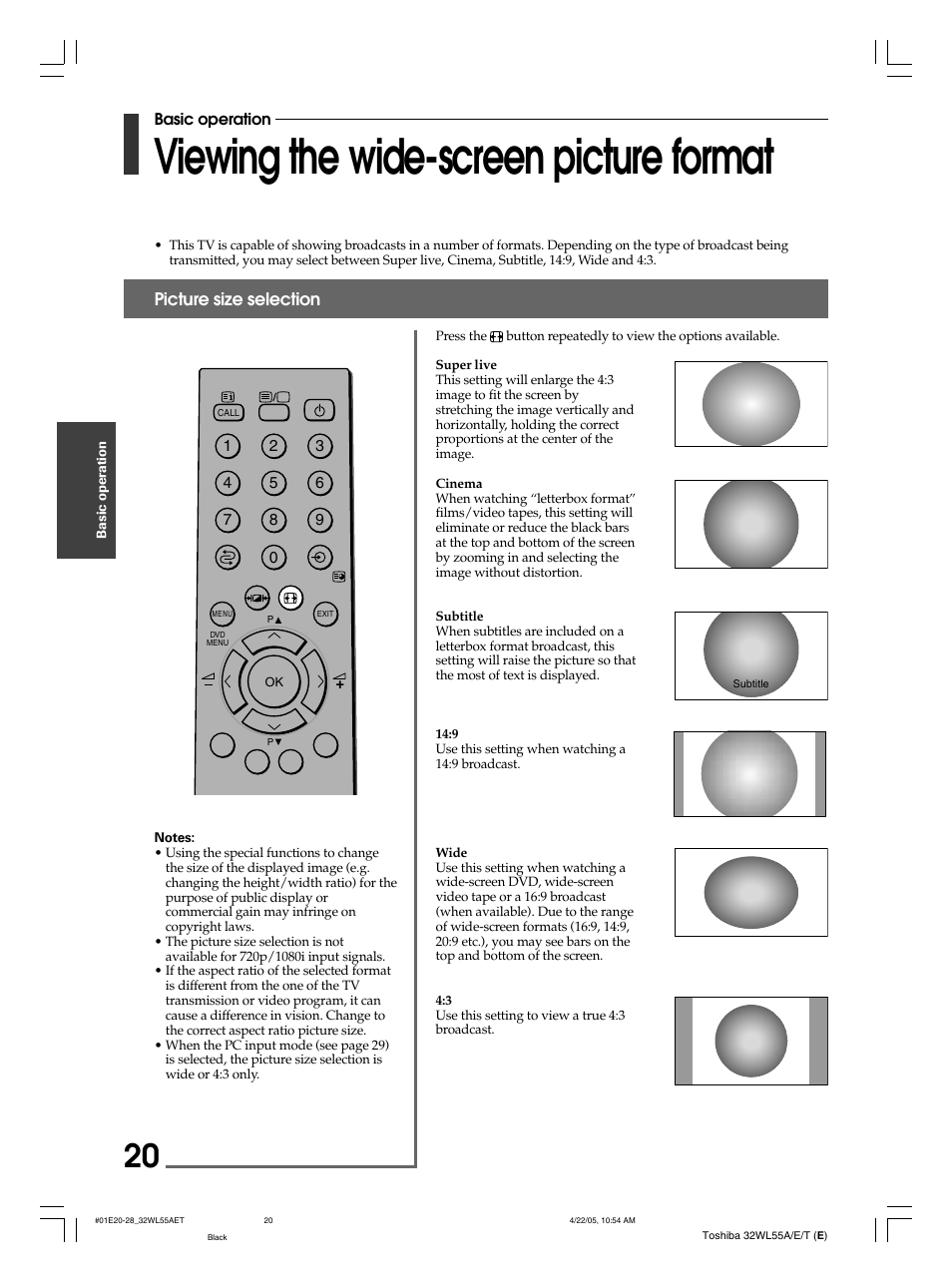 Viewing the wide-screen picture format, Picture size selection | Toshiba 32WL55T User Manual | Page 20 / 44