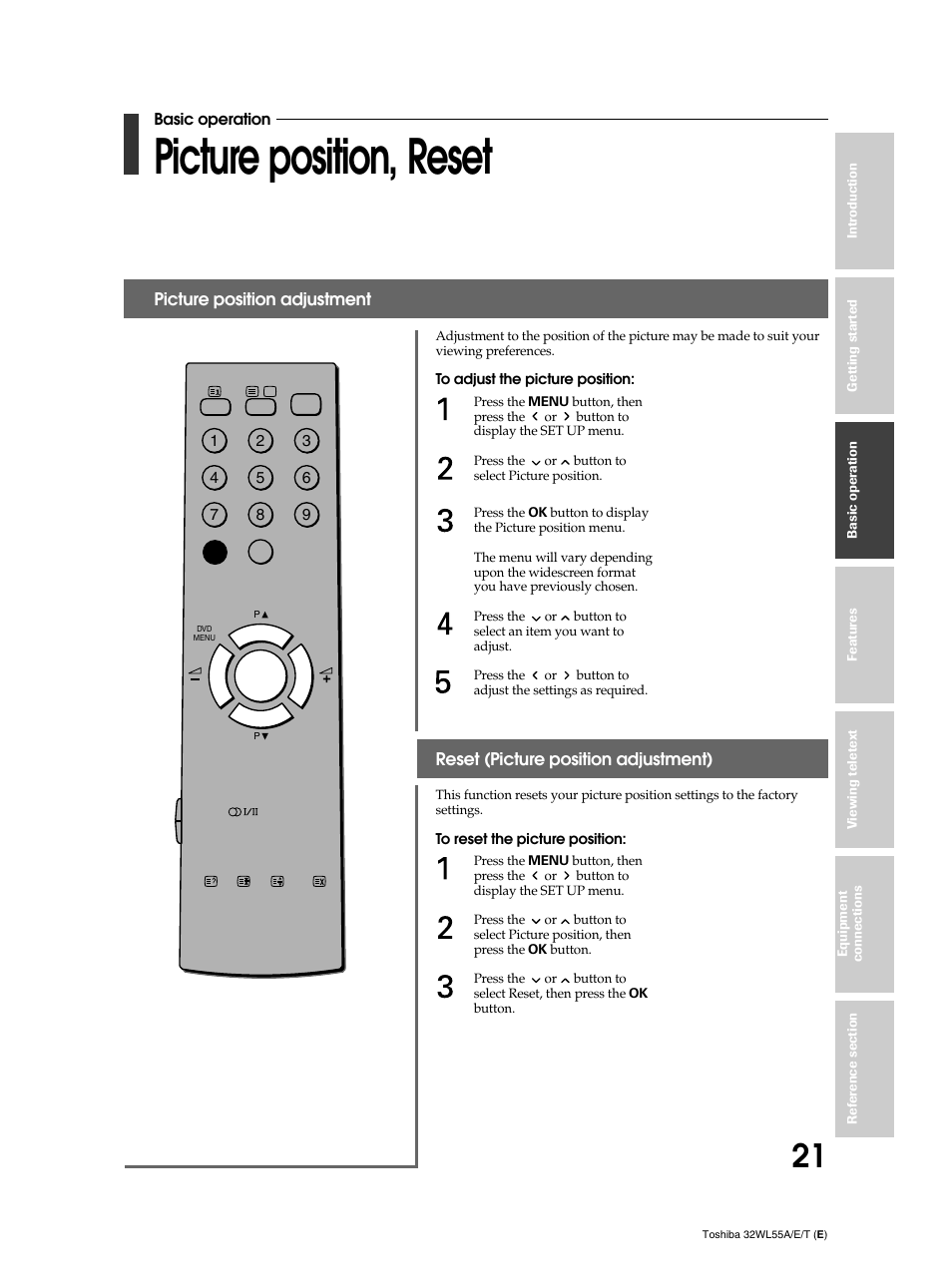 Picture position, reset | Toshiba 32WL55T User Manual | Page 21 / 44