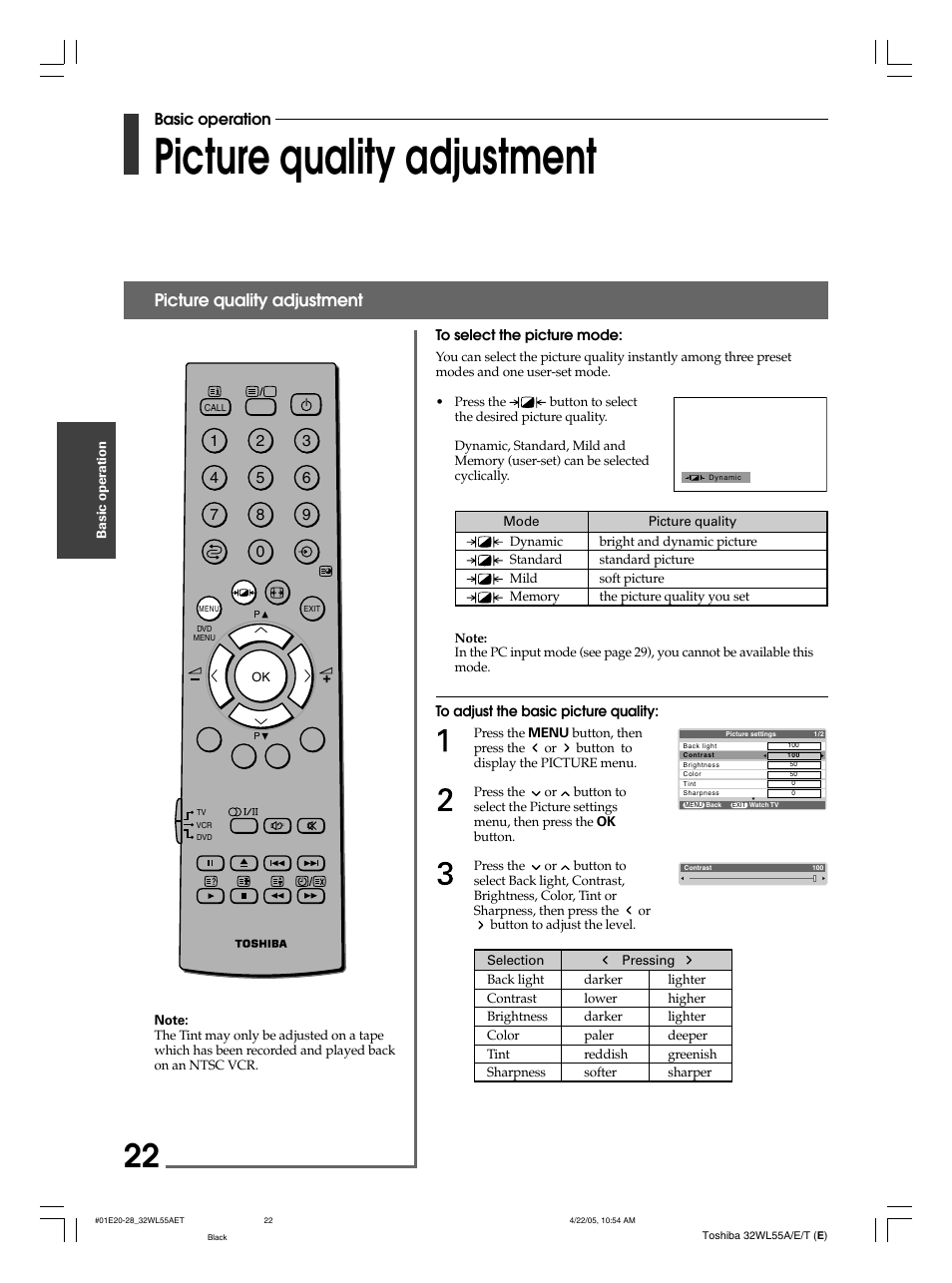 Picture quality adjustment, Basic operation | Toshiba 32WL55T User Manual | Page 22 / 44