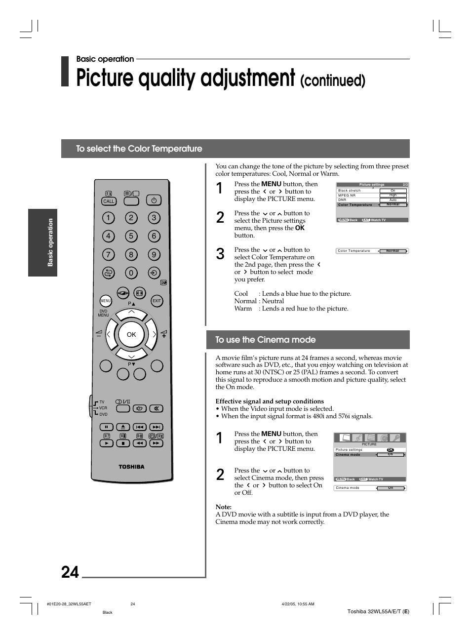 Picture quality adjustment, Continued), Basic operation | Toshiba 32WL55T User Manual | Page 24 / 44