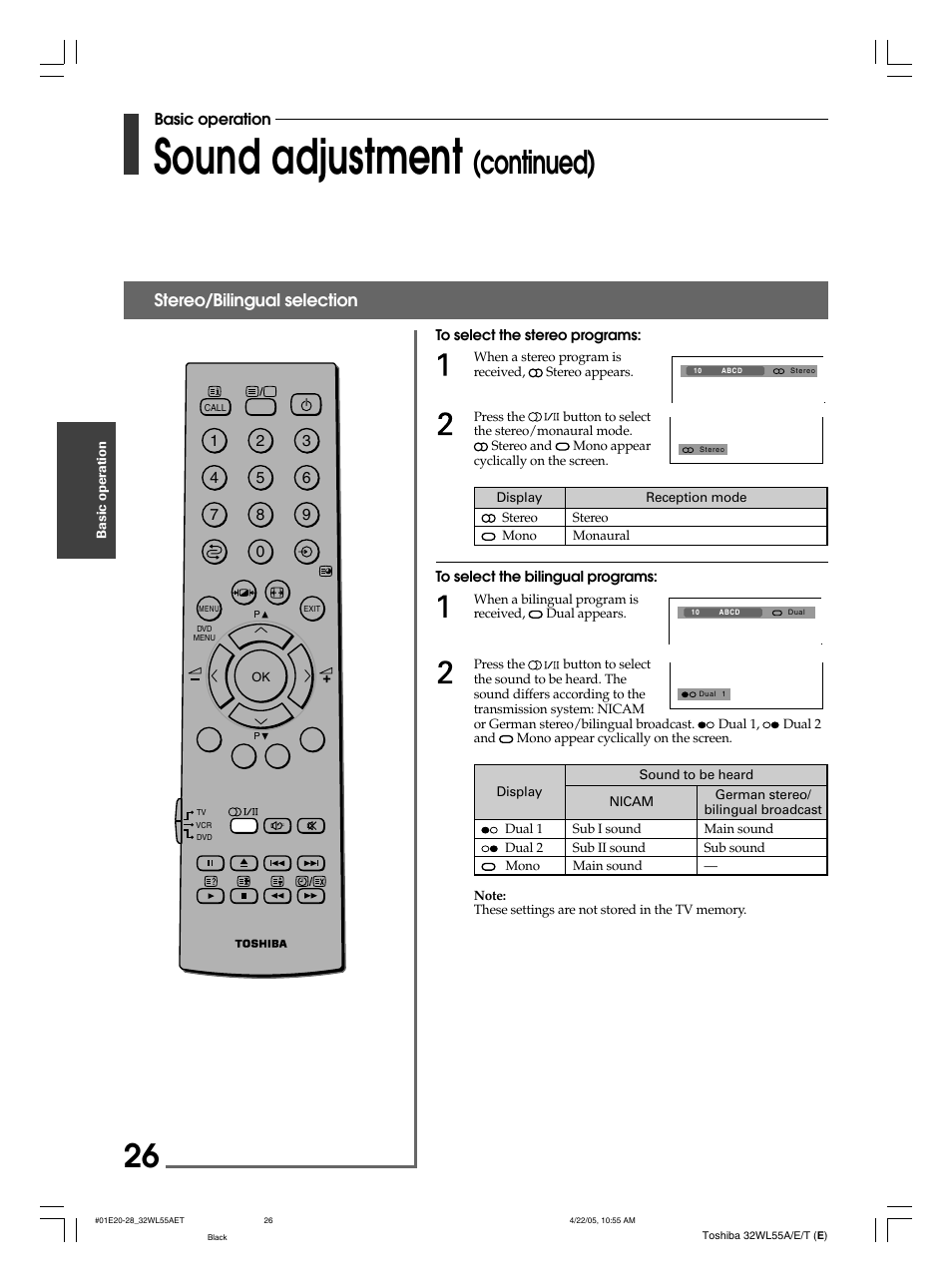 Sound adjustment, Continued), Stereo/bilingual selection | Toshiba 32WL55T User Manual | Page 26 / 44