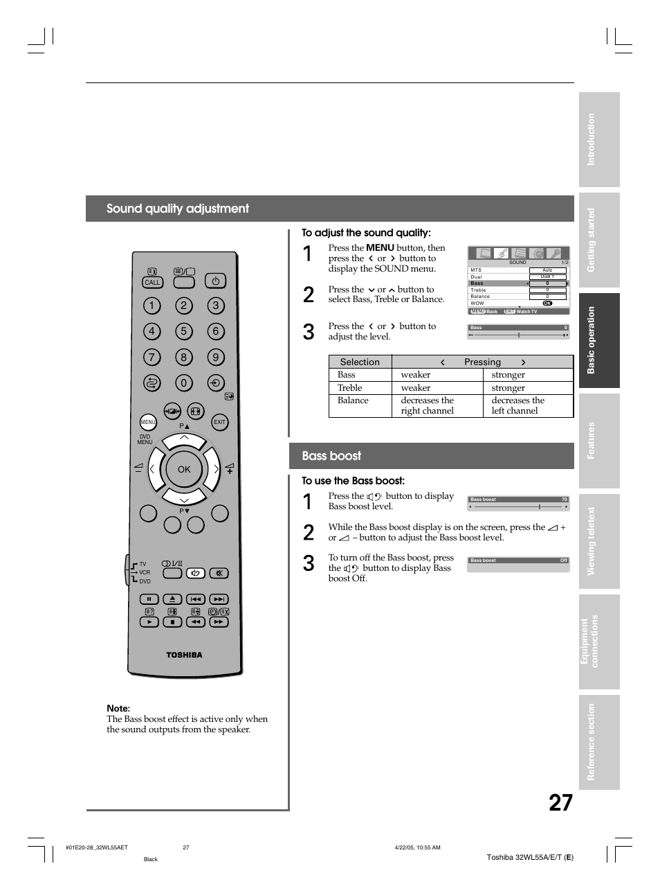 Sound quality adjustment, Bass boost | Toshiba 32WL55T User Manual | Page 27 / 44