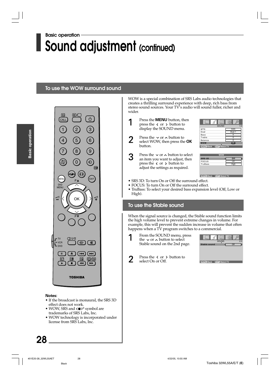 Sound adjustment, Continued), Basic operation | Toshiba 32WL55T User Manual | Page 28 / 44