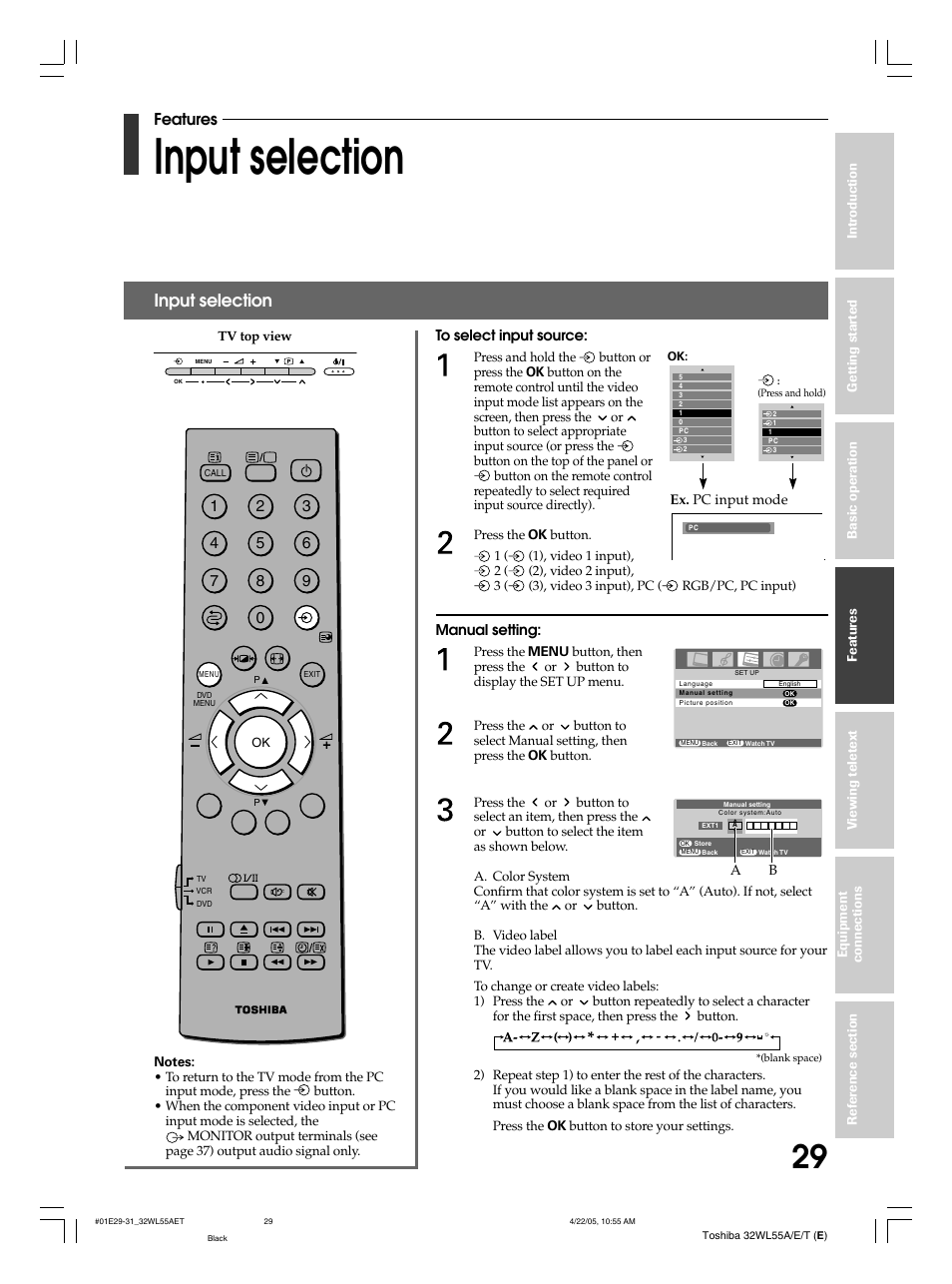 Input selection, Features | Toshiba 32WL55T User Manual | Page 29 / 44