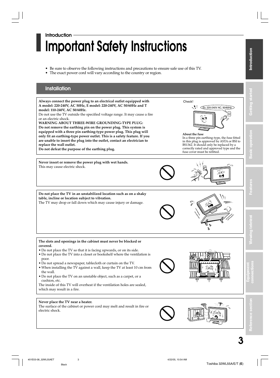 Important safety instructions, Installation | Toshiba 32WL55T User Manual | Page 3 / 44