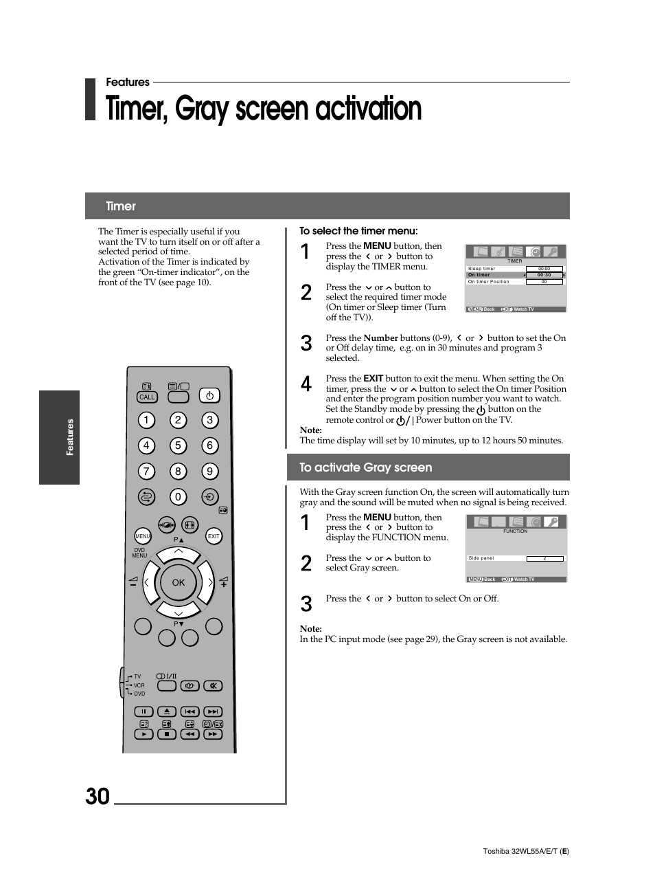 Timer, gray screen activation, Timer, Features | Toshiba 32WL55T User Manual | Page 30 / 44