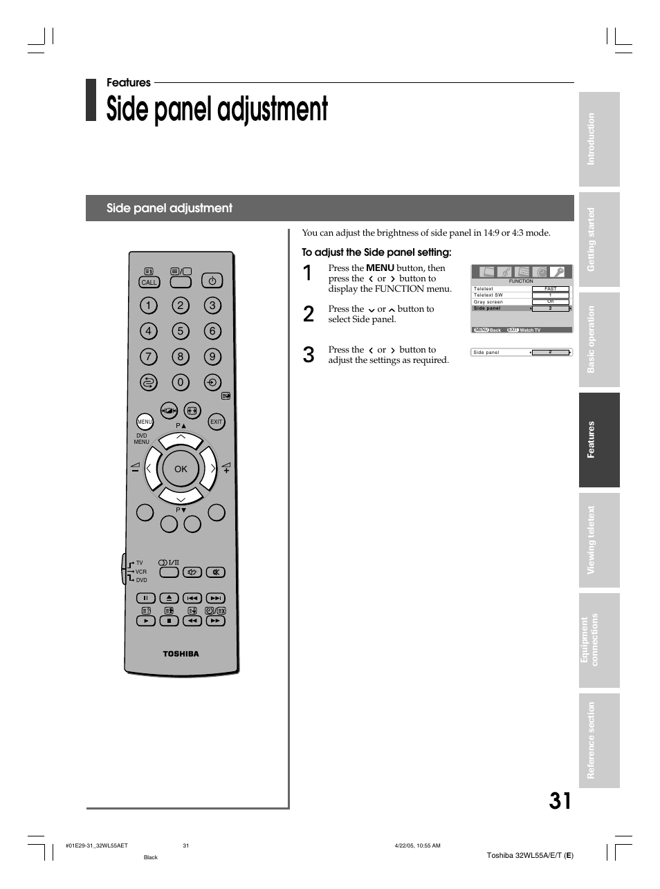 Side panel adjustment, Features | Toshiba 32WL55T User Manual | Page 31 / 44