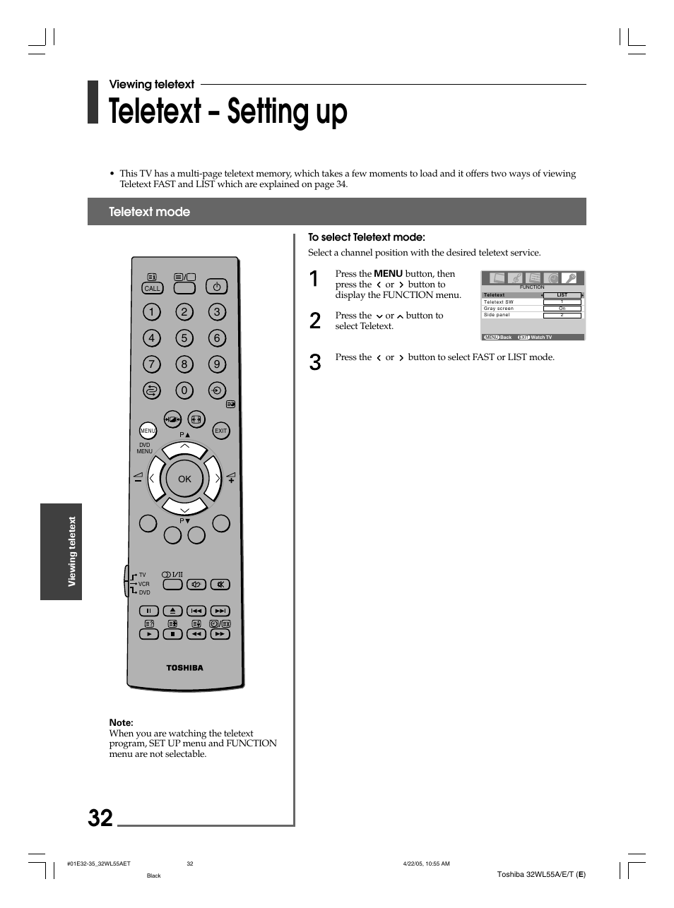 Teletext – setting up, Teletext mode, Viewing teletext | Toshiba 32WL55T User Manual | Page 32 / 44