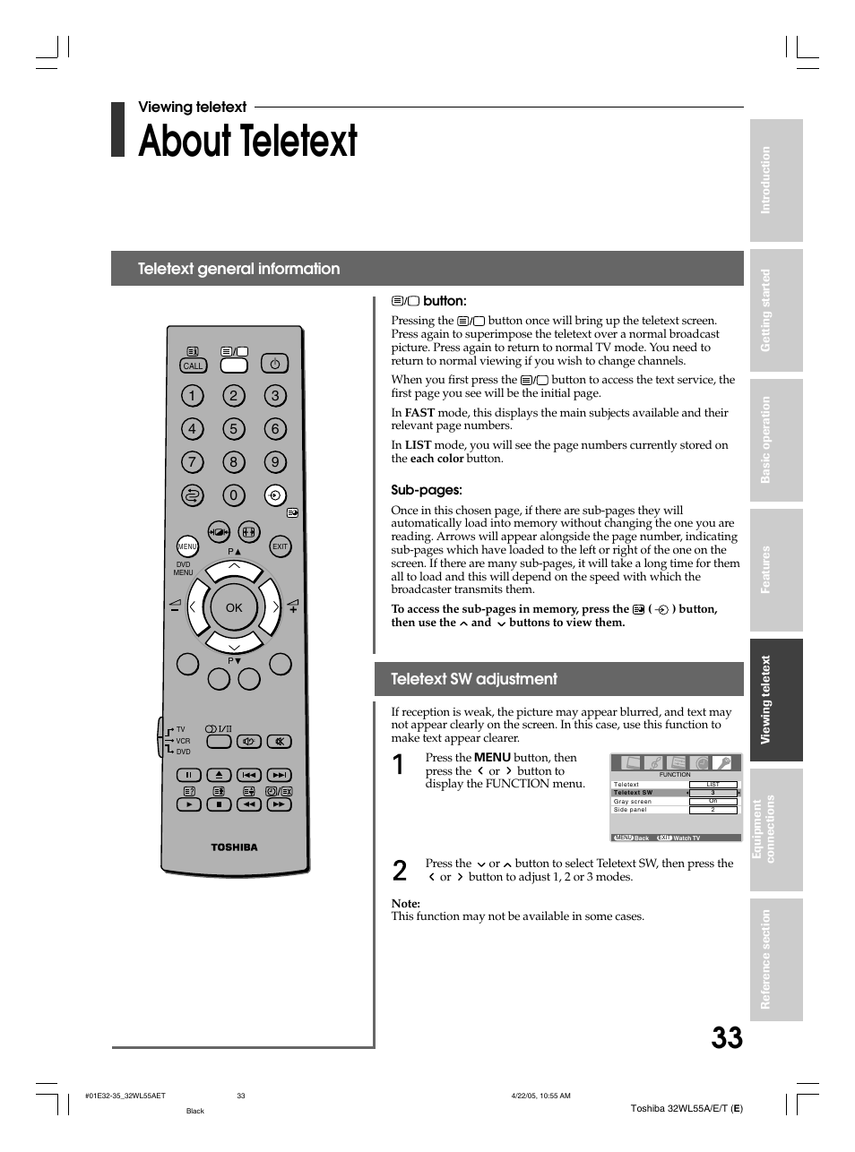 About teletext, Teletext general information, Teletext sw adjustment | Viewing teletext | Toshiba 32WL55T User Manual | Page 33 / 44