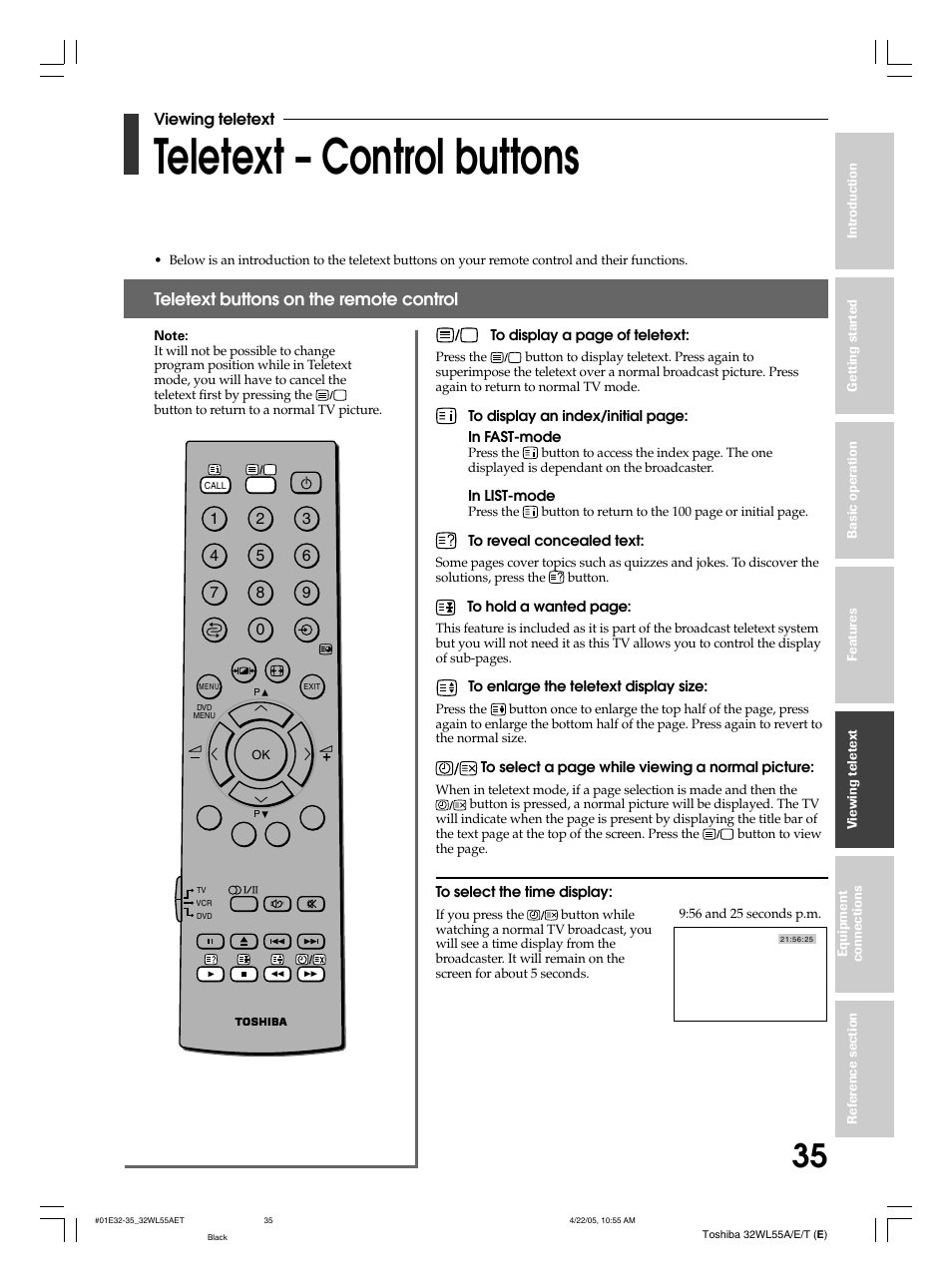 Teletext – control buttons, Teletext buttons on the remote control | Toshiba 32WL55T User Manual | Page 35 / 44