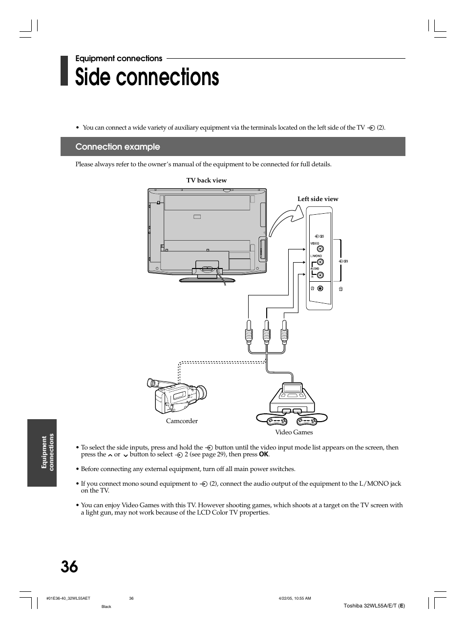 Side connections | Toshiba 32WL55T User Manual | Page 36 / 44