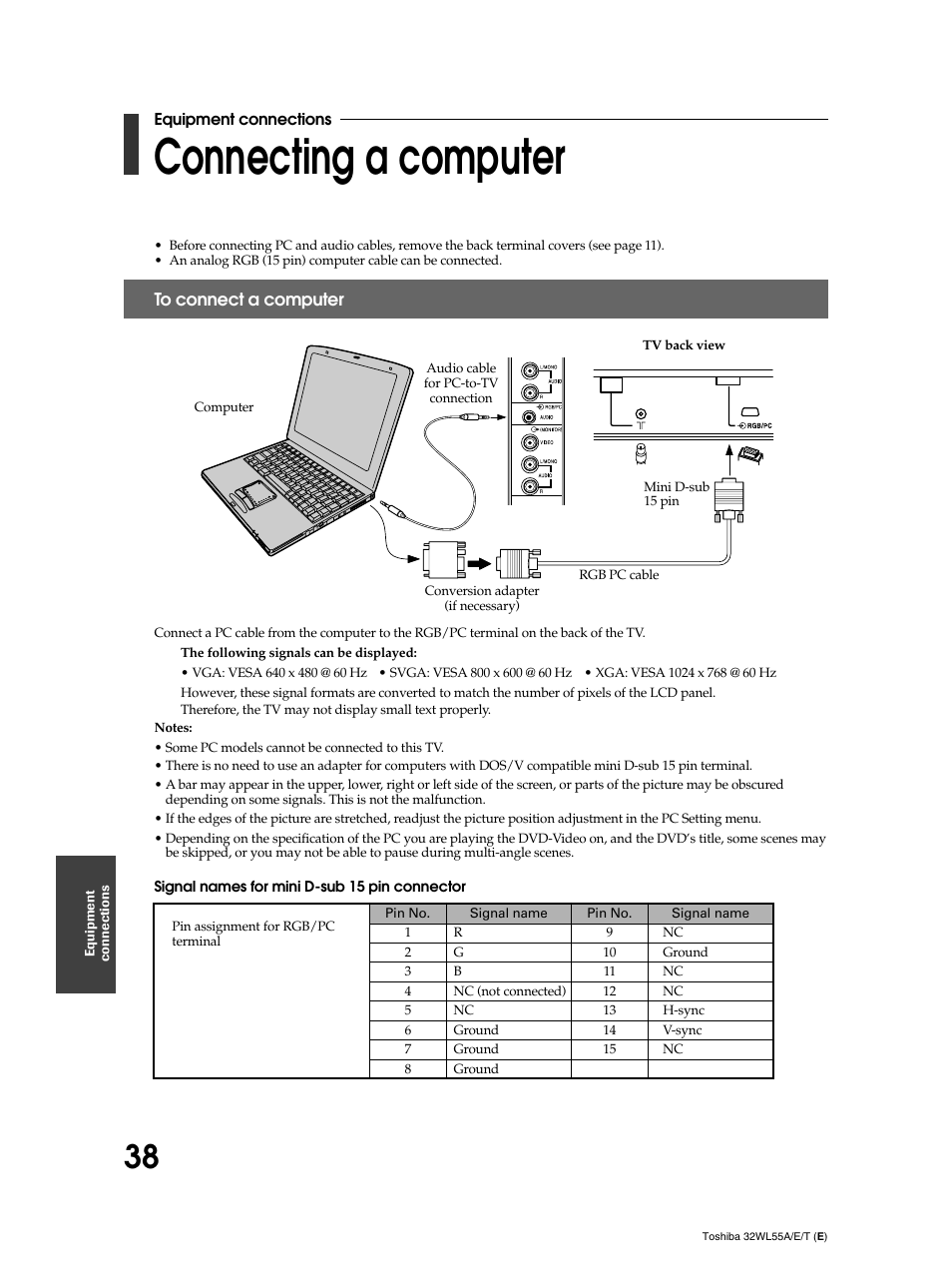 Connecting a computer | Toshiba 32WL55T User Manual | Page 38 / 44