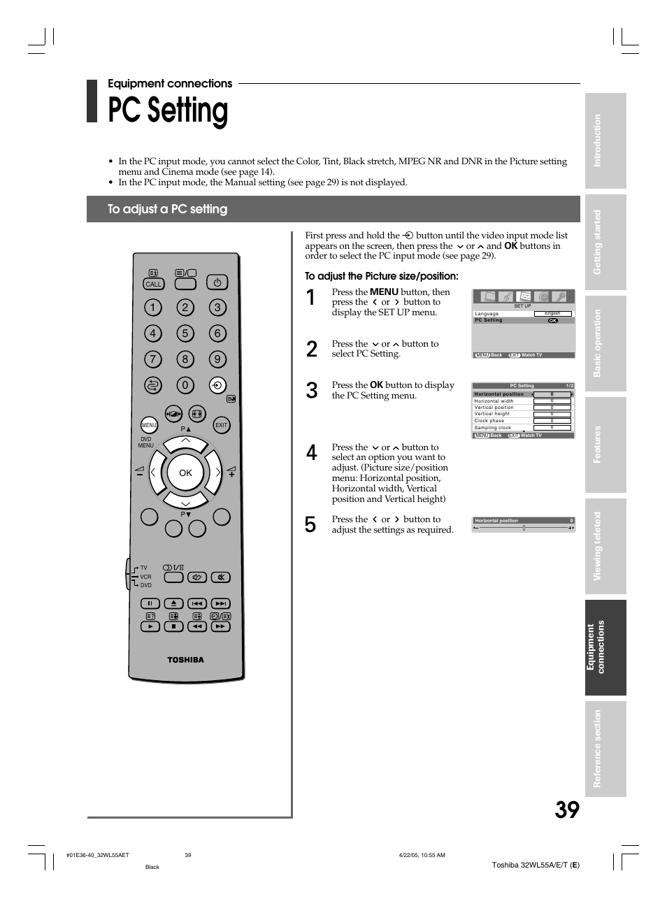 Pc setting, Equipment connections | Toshiba 32WL55T User Manual | Page 39 / 44