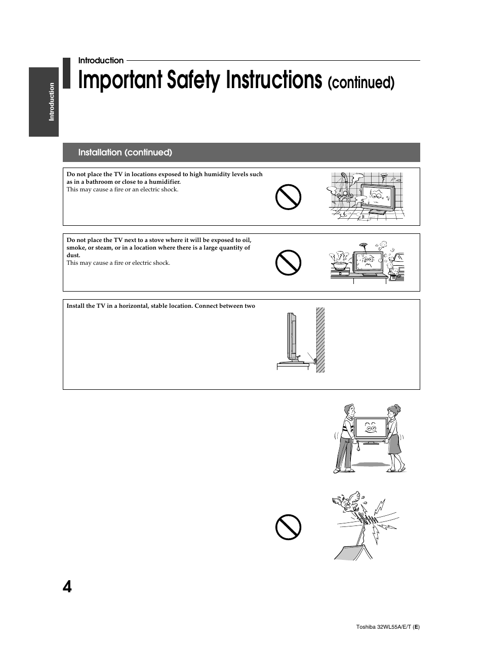 Important safety instructions, Continued) | Toshiba 32WL55T User Manual | Page 4 / 44