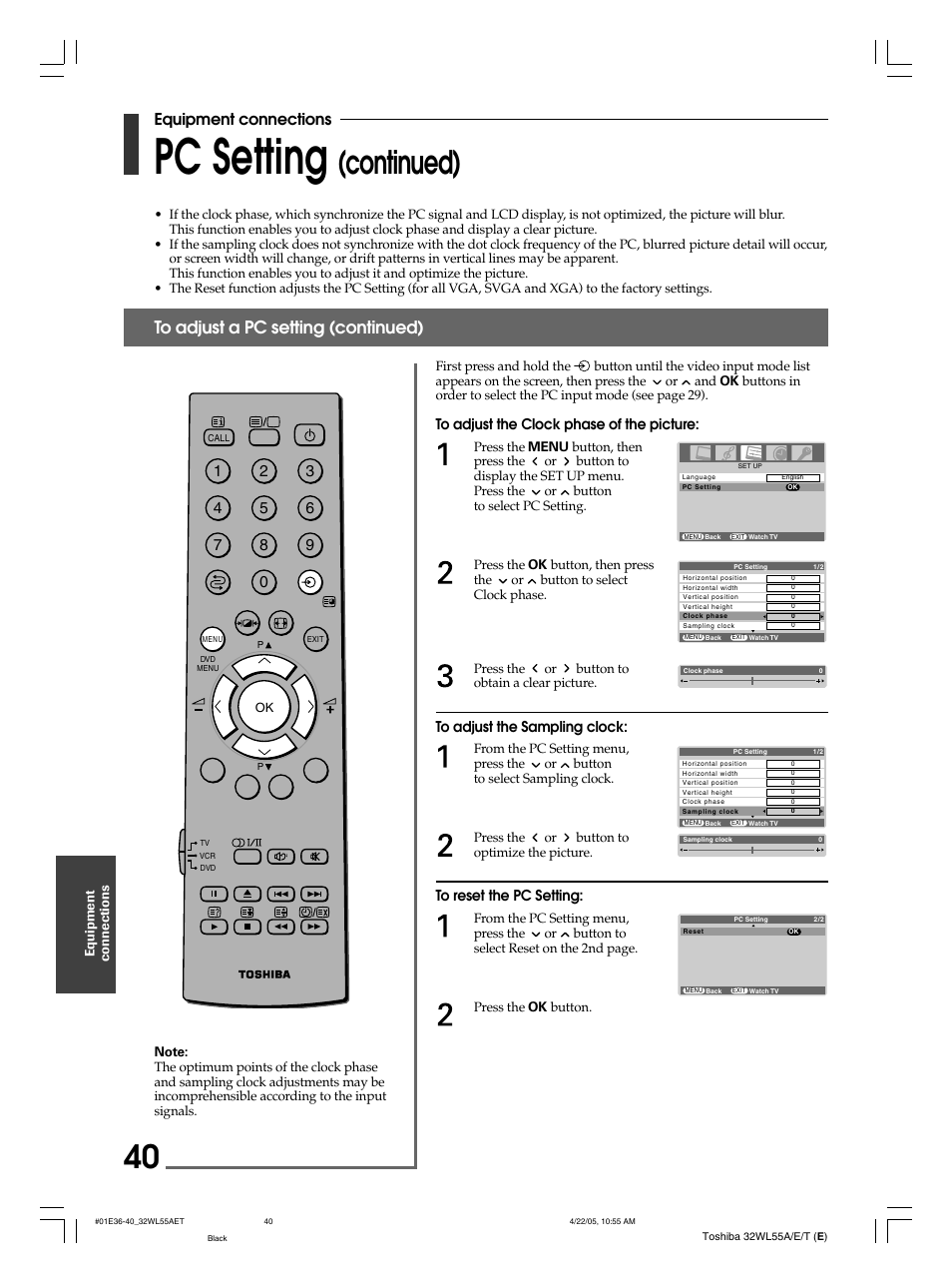 Pc setting, Continued), Equipment connections | Toshiba 32WL55T User Manual | Page 40 / 44