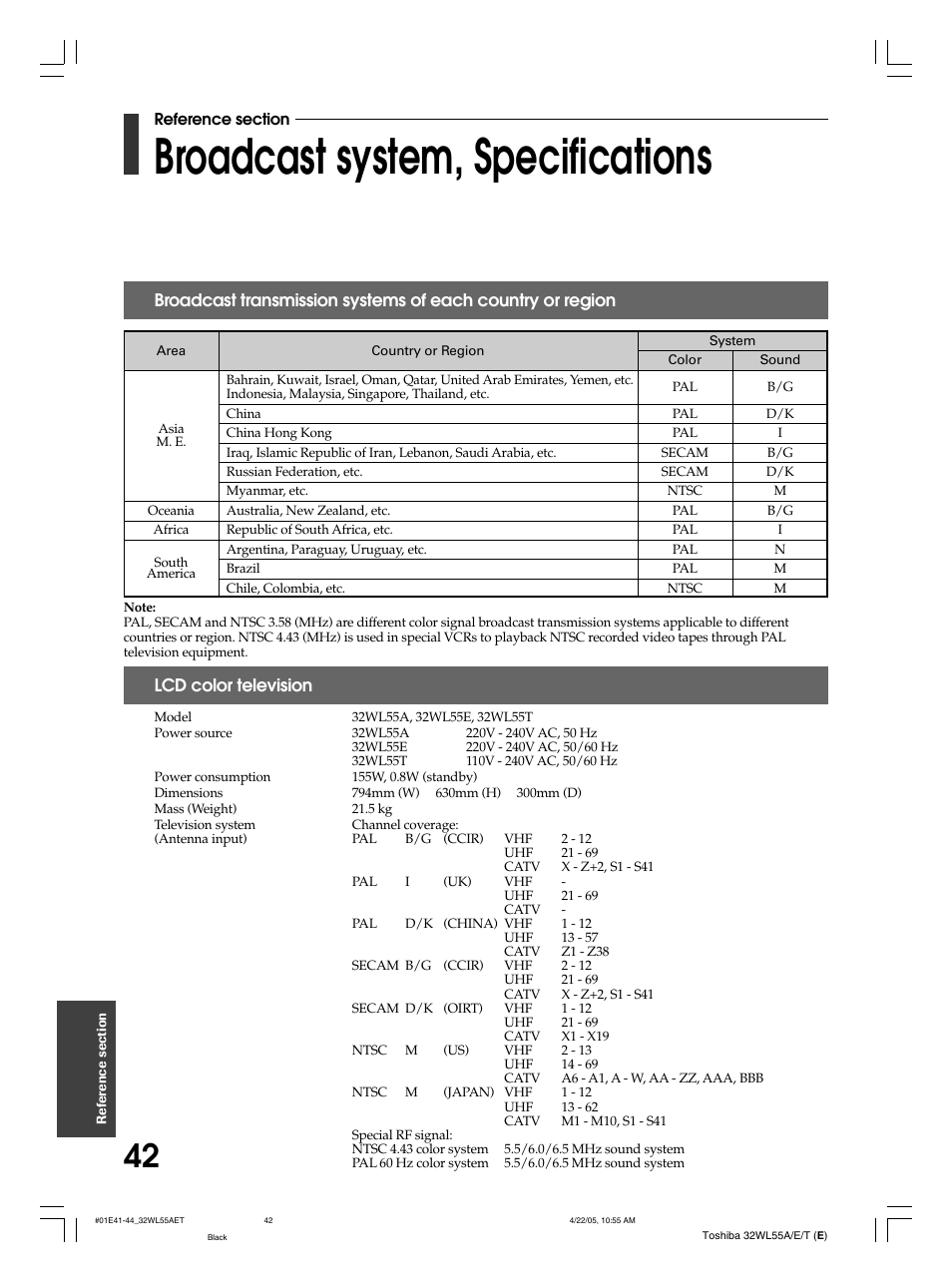 Broadcast system, specifications, Lcd color television | Toshiba 32WL55T User Manual | Page 42 / 44