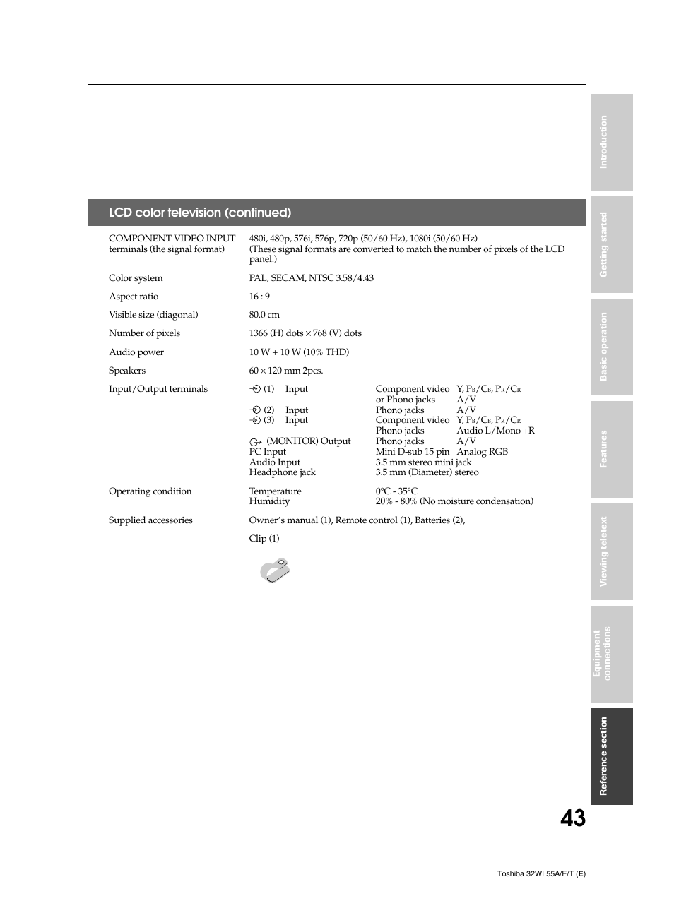 Lcd color television (continued) | Toshiba 32WL55T User Manual | Page 43 / 44