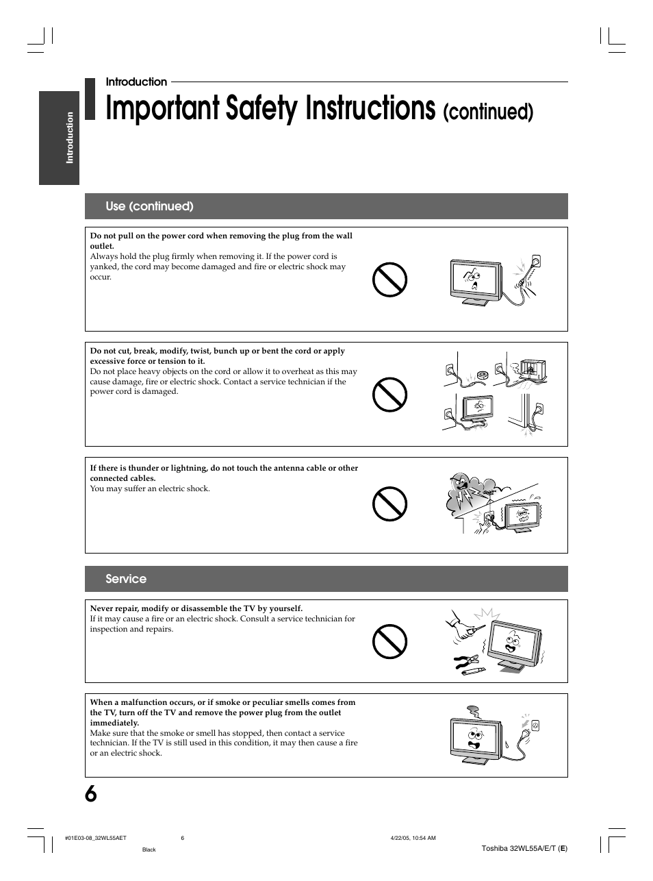 Important safety instructions, Continued) | Toshiba 32WL55T User Manual | Page 6 / 44