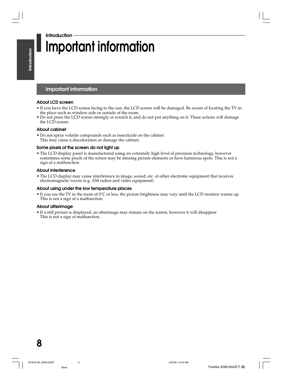 Important information | Toshiba 32WL55T User Manual | Page 8 / 44