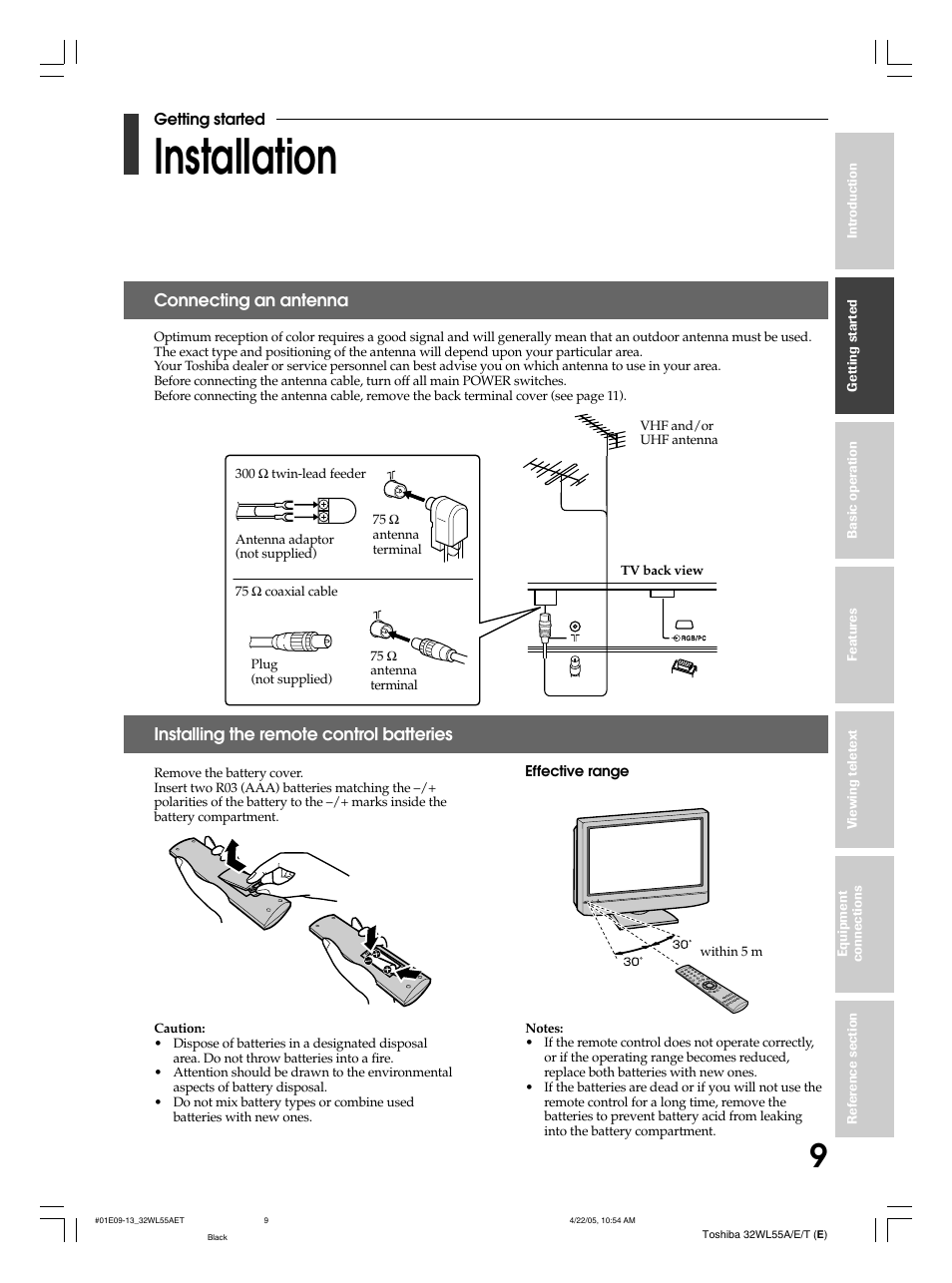 Installation | Toshiba 32WL55T User Manual | Page 9 / 44