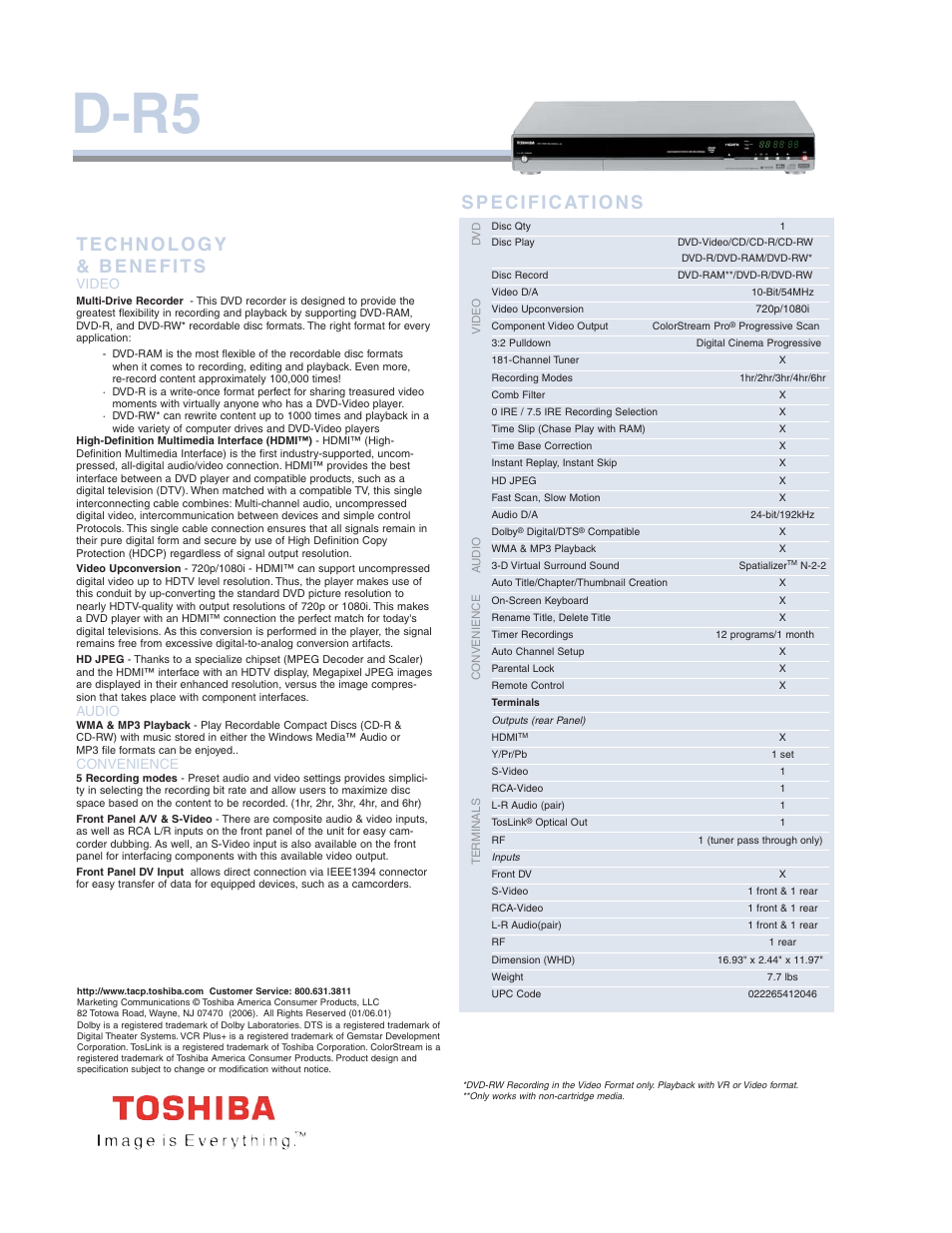 D-r5, Video, Audio | Convenience | Toshiba D-R5 User Manual | Page 2 / 2