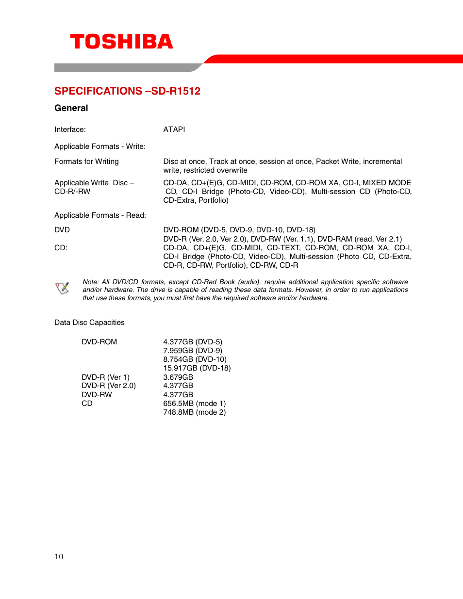 Specifications –sd-r1512 | Toshiba SD-R1512 User Manual | Page 12 / 17